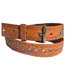 Embossed Western-Style Brown Belt W Grommets S